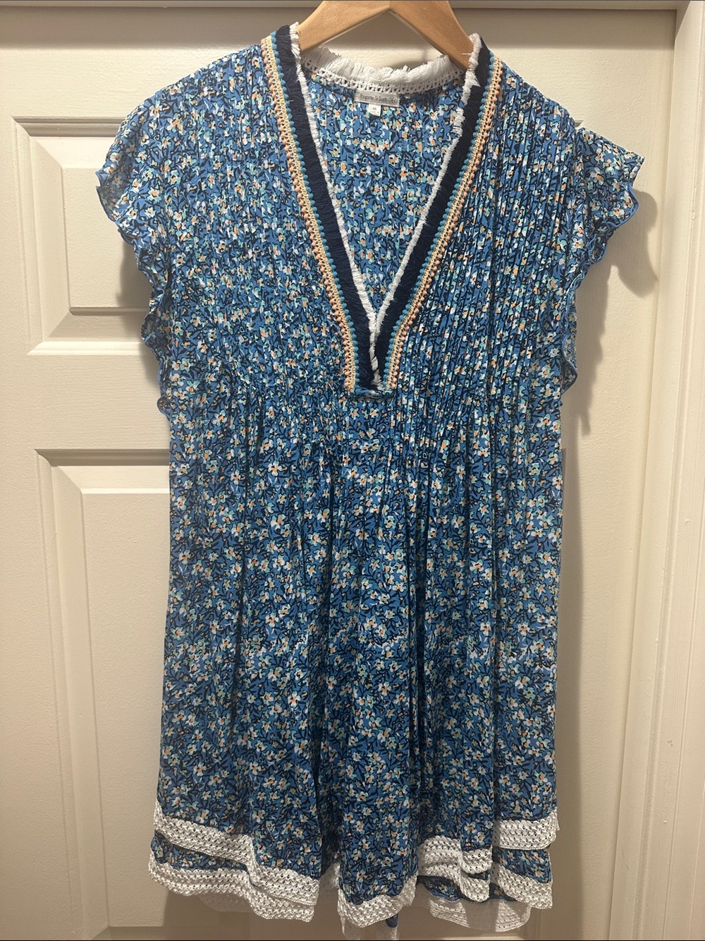 Poupette St. Barth Blue Floral Pleated V-Neck Dress with Trim-M